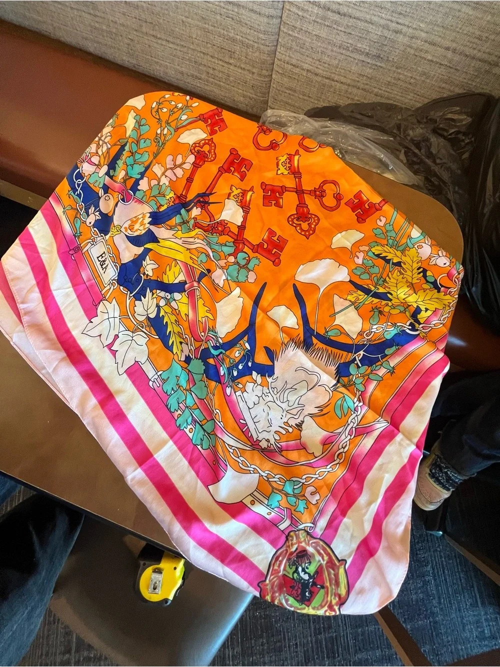 Vibrant Orange & Pink Illustrated Silk Scarf 100% silk E& A